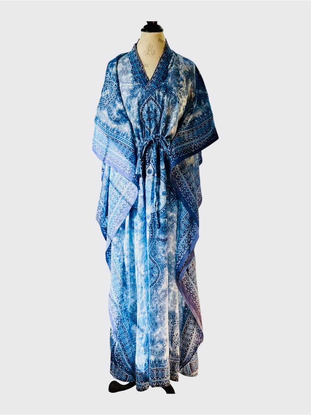 Stoneage Arts vintage 80’s batik mandala blue kaftan kimono OS